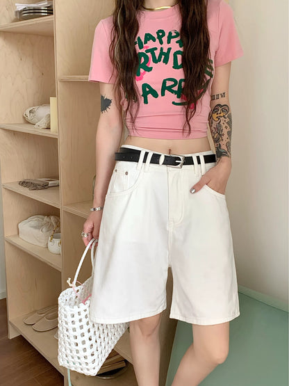 PPHOME fashion retro ~ classic versatile denim shorts women's high waist straight wide leg pants casual pants shorts