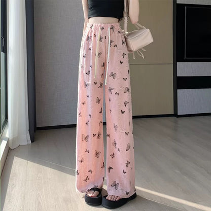 Pink ripped rhinestone butterfly print wide-leg pants for women 2025 summer temperament high waist straight loose casual trousers