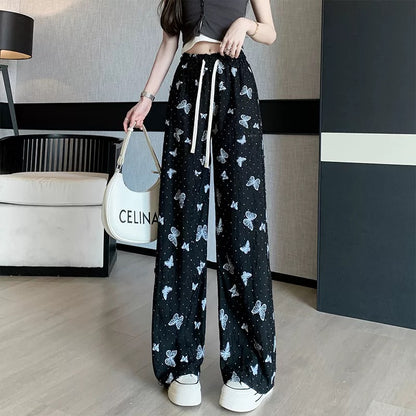 Pink ripped rhinestone butterfly print wide-leg pants for women 2025 summer temperament high waist straight loose casual trousers