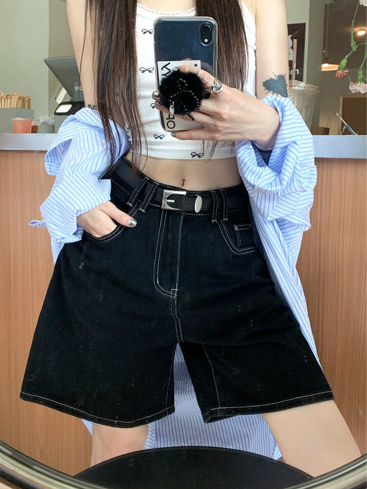 PPHOME fashion retro ~ classic versatile denim shorts women's high waist straight wide leg pants casual pants shorts