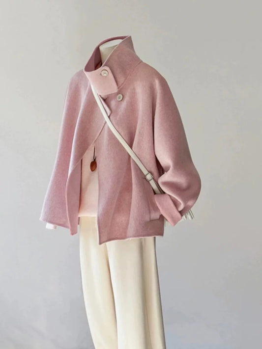 Plus size women's sweet pink double-faced woolen coats for women 25 styles for autumn and winter super beautiful versatile woolen coats