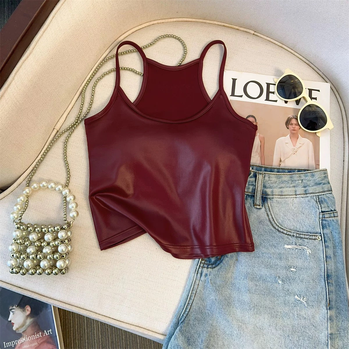 Red high-grade American design camisole vest for women spring and summer tube top for hot girls to wear with chest pad pu leather top