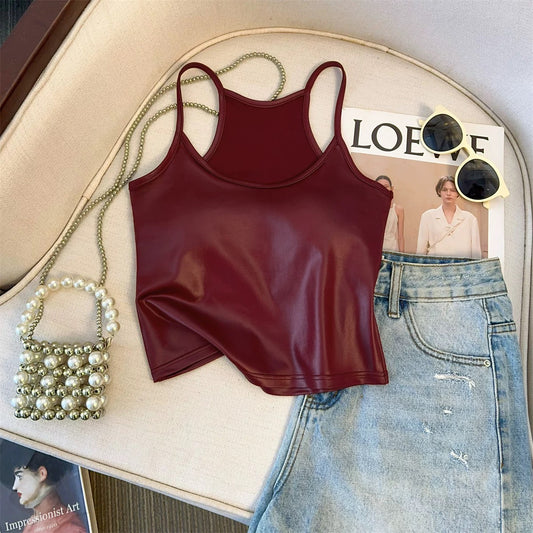 Red high-grade American design camisole vest for women spring and summer tube top for hot girls to wear with chest pad pu leather top