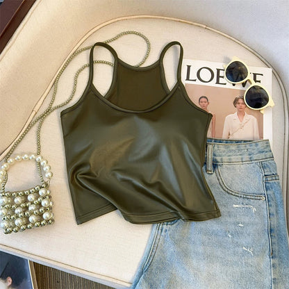 Red high-grade American design camisole vest for women spring and summer tube top for hot girls to wear with chest pad pu leather top