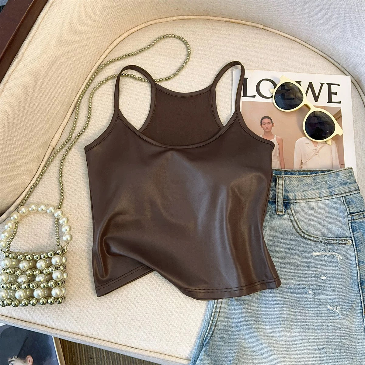 Red high-grade American design camisole vest for women spring and summer tube top for hot girls to wear with chest pad pu leather top