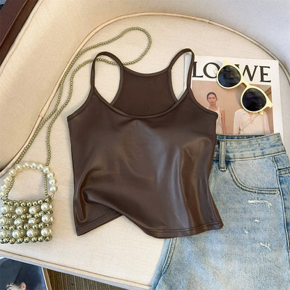 Red high-grade American design camisole vest for women spring and summer tube top for hot girls to wear with chest pad pu leather top