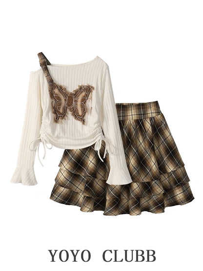 YOYO CLUBB sweet off-shoulder butterfly long-sleeved top autumn plaid a-line skirt Korean style chic suit
