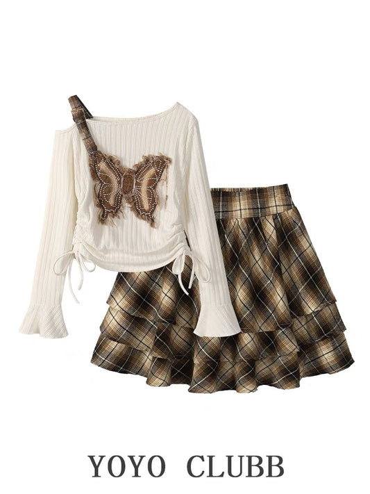 YOYO CLUBB sweet off-shoulder butterfly long-sleeved top autumn plaid a-line skirt Korean style chic suit