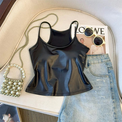 Red high-grade American design camisole vest for women spring and summer tube top for hot girls to wear with chest pad pu leather top