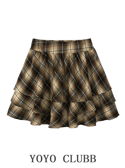 YOYO CLUBB sweet off-shoulder butterfly long-sleeved top autumn plaid a-line skirt Korean style chic suit