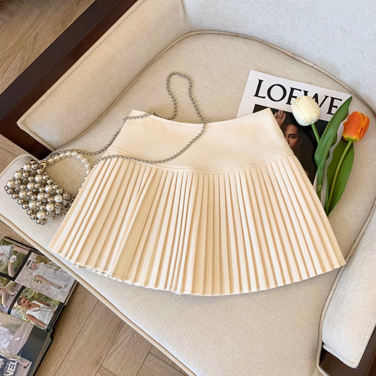 Gentle style apricot pleated skirt new summer style college style American a-line skirt women's clothing temperament high waist short skirt