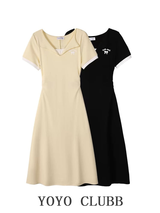 YOYO CLUBB spliced fake two-piece dress for women summer large size Korean style atmosphere age-reducing waist A-line skirt