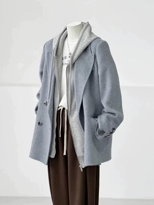 Plus size women's Korean style mid-length double-faced woolen coat women 2024 winter new double-breasted solid color coat trend