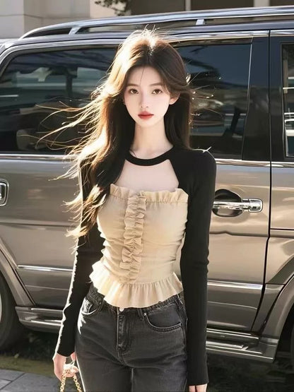 Apricot high-grade round neck design long-sleeved T-shirt for women in spring and summer hollow versatile lace chic unique top ins
