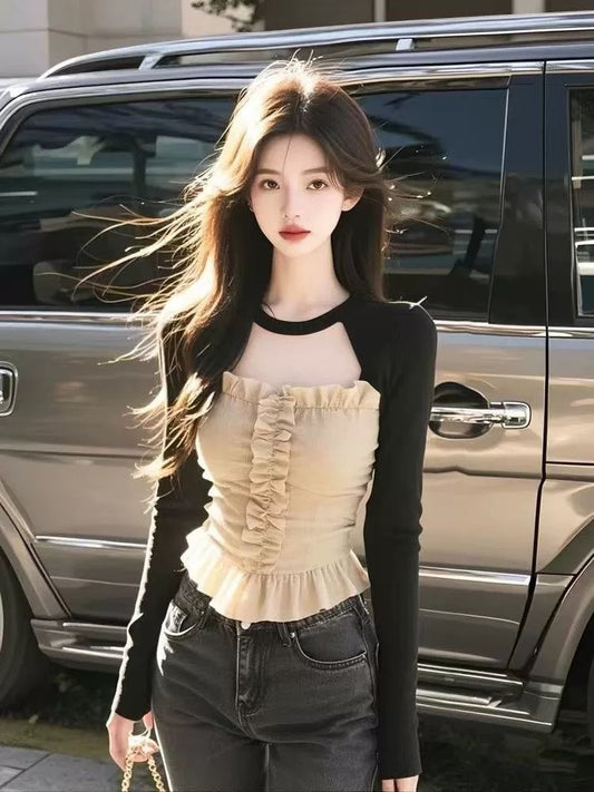 Apricot high-grade round neck design long-sleeved T-shirt for women in spring and summer hollow versatile lace chic unique top ins