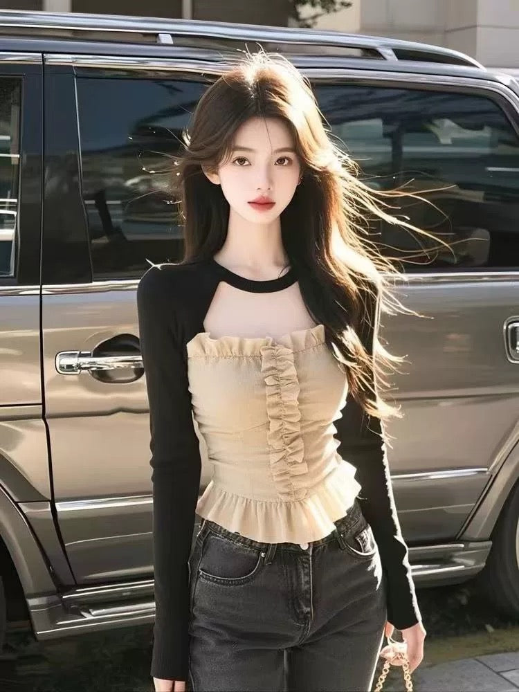 Apricot high-grade round neck design long-sleeved T-shirt for women in spring and summer hollow versatile lace chic unique top ins