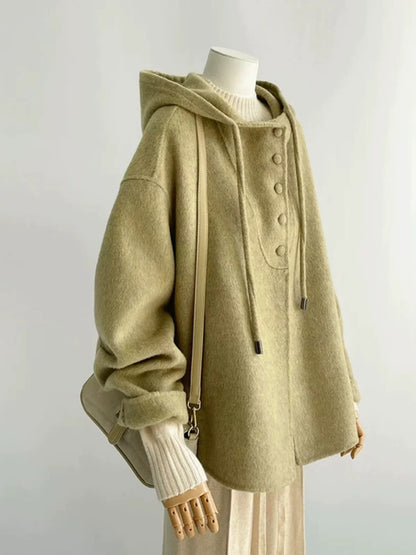 Large size women's design drawstring hooded woolen coat female 25 winter new high-end double-sided woolen coat