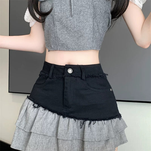 American hot girl denim short skirt for women summer design raw edge splicing ruffled edge a-line skirt small skirt
