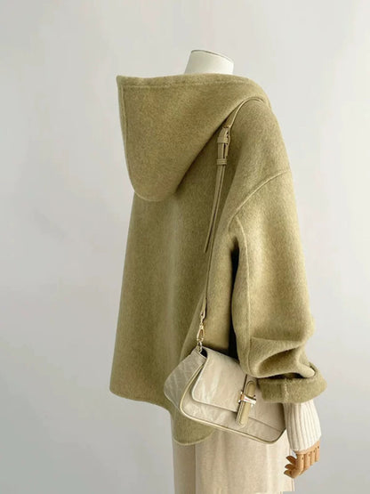 Large size women's design drawstring hooded woolen coat female 25 winter new high-end double-sided woolen coat