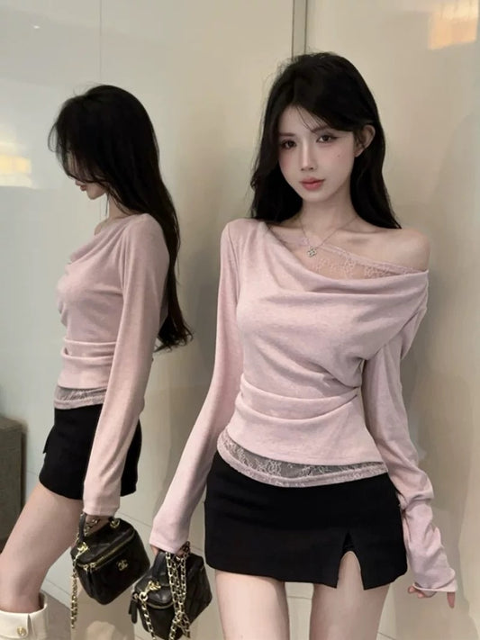 Pure desire sweet and spicy collar long-sleeved T-shirt for women autumn and winter new style lace splicing off-shoulder chic bottoming shirt top