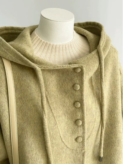 Large size women's design drawstring hooded woolen coat female 25 winter new high-end double-sided woolen coat