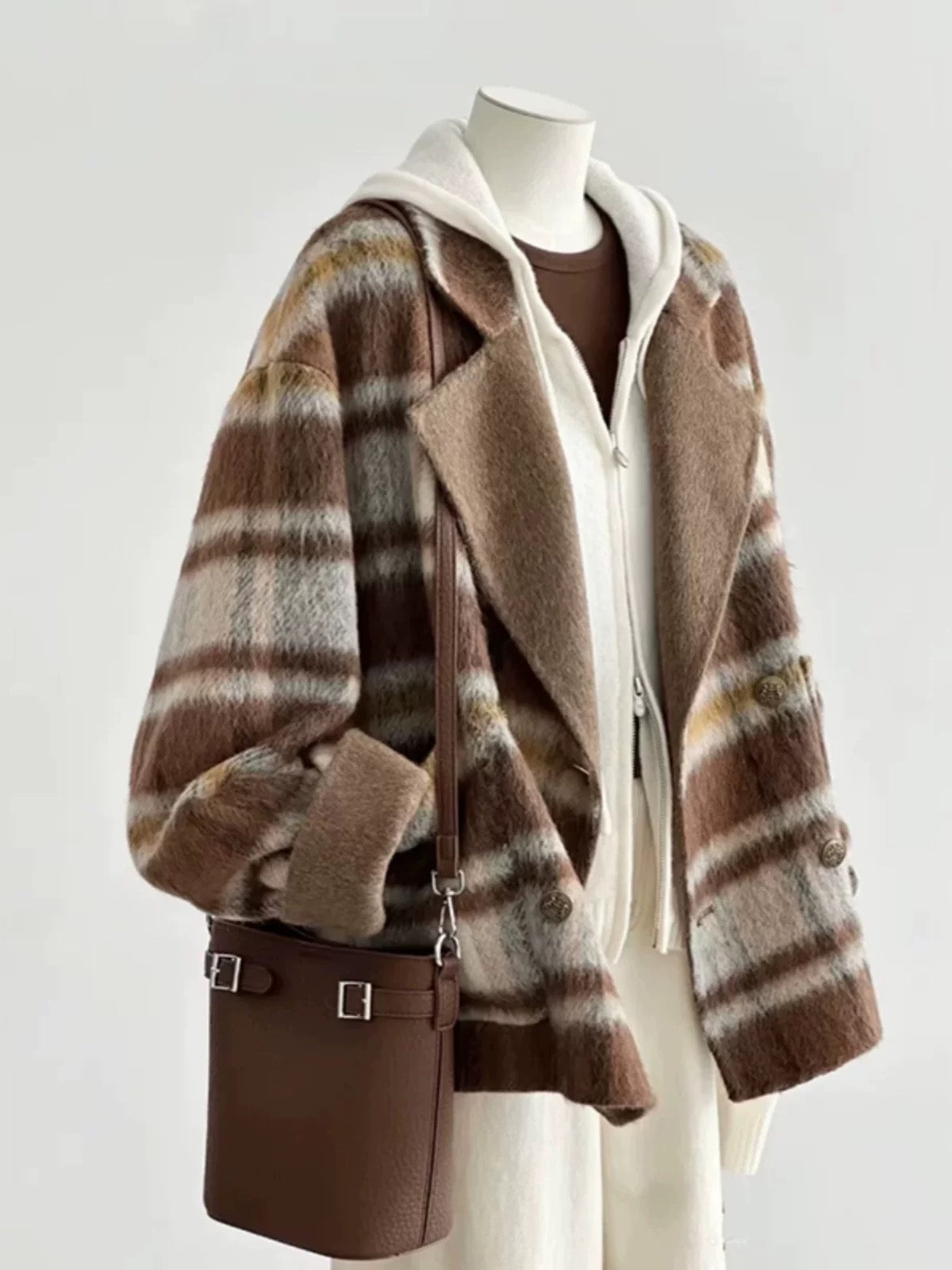 Plus size women's Korean style college style double-sided woolen coat women's autumn and winter design sense double-breasted casual coat