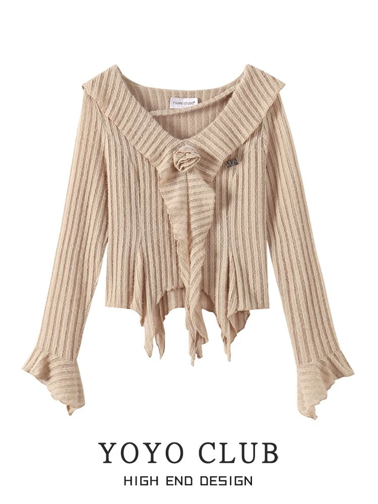 YOYO CLUB pure lust style irregular long-sleeved top for women early autumn French three-dimensional flower ruffled sweater