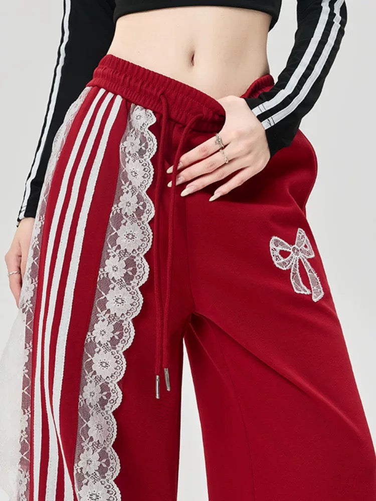 Ankola red design retro sports sweatpants women autumn national trend chic lace ribbon drape casual pants ins