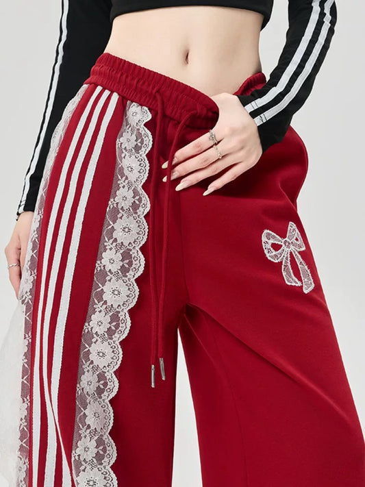 Ankola red design retro sports sweatpants women autumn national trend chic lace ribbon drape casual pants ins
