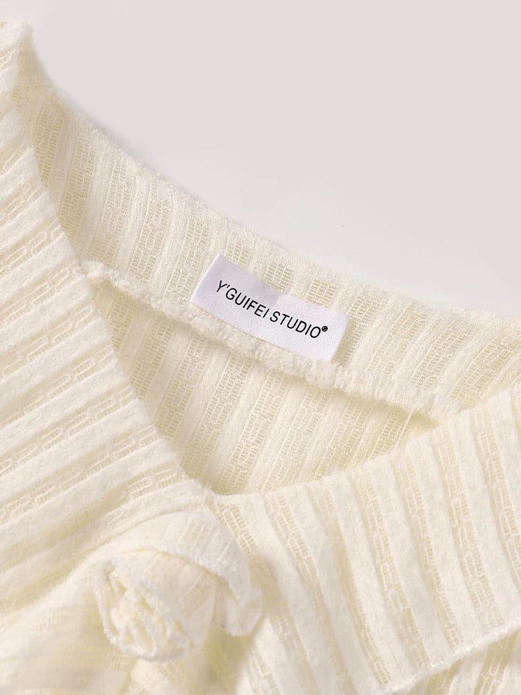 YOYO CLUB pure lust style irregular long-sleeved top for women early autumn French three-dimensional flower ruffled sweater