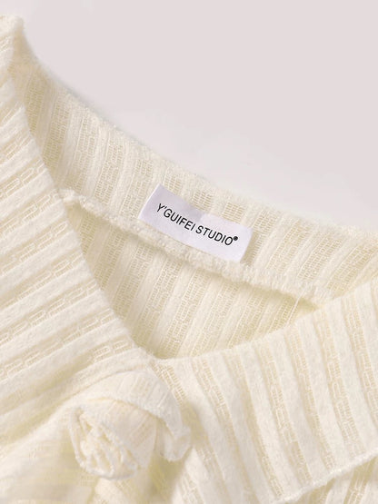 YOYO CLUB pure lust style irregular long-sleeved top for women early autumn French three-dimensional flower ruffled sweater
