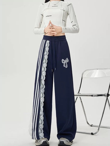 Ankola red design retro sports sweatpants women autumn national trend chic lace ribbon drape casual pants ins