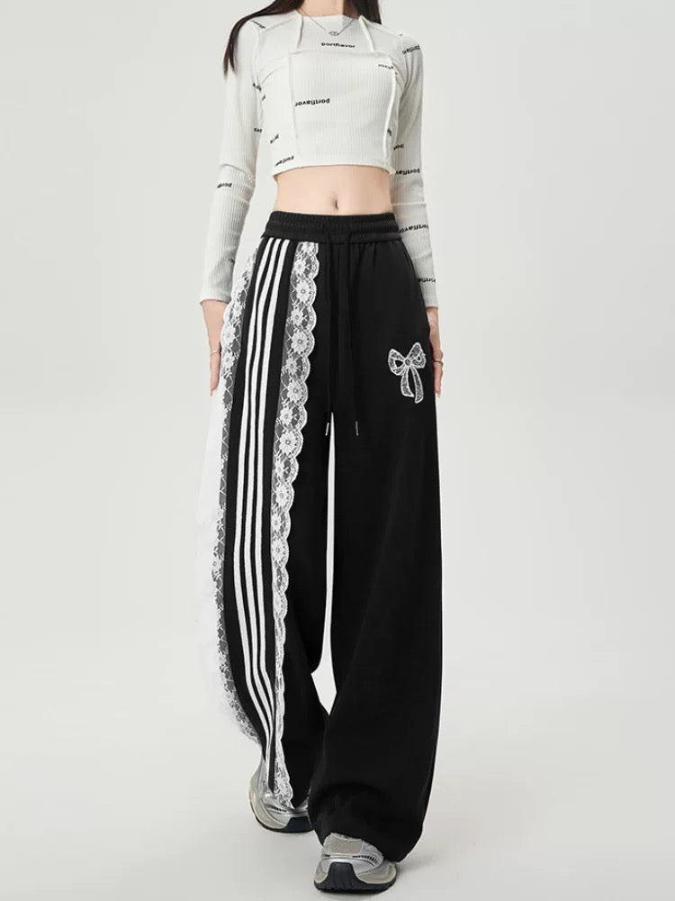 Ankola red design retro sports sweatpants women autumn national trend chic lace ribbon drape casual pants ins