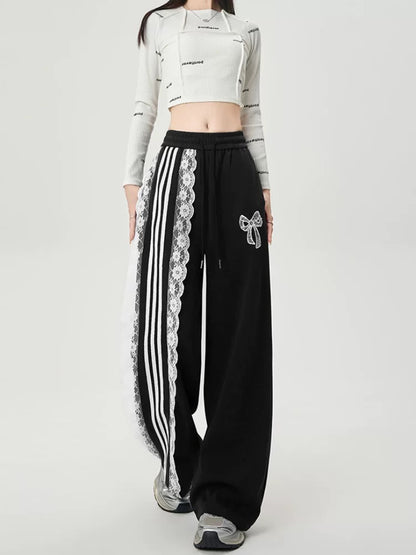 Ankola red design retro sports sweatpants women autumn national trend chic lace ribbon drape casual pants ins