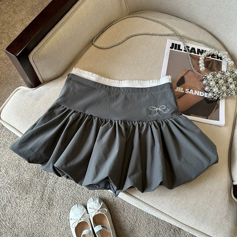 Sexy hot girl flower bud pleated skirt female summer high waist niche bow slim a-line short skirt puffy skirt