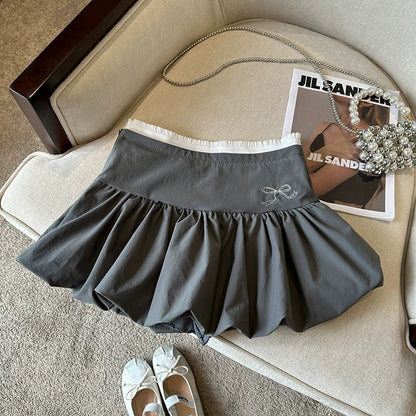 Sexy hot girl flower bud pleated skirt female summer high waist niche bow slim a-line short skirt puffy skirt