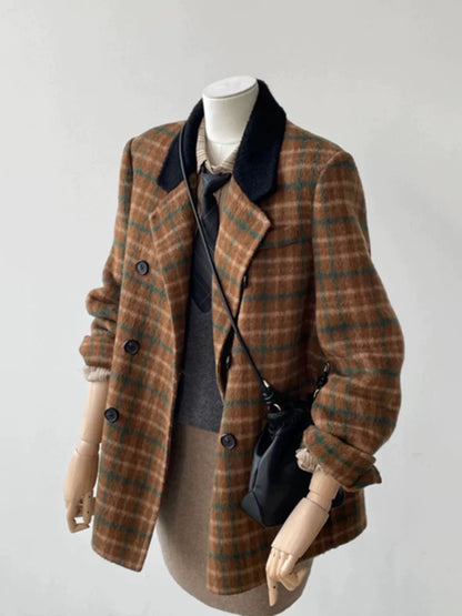 Large size women's Korean style small retro plaid double-sided woolen coat women's winter new high-end coat trend