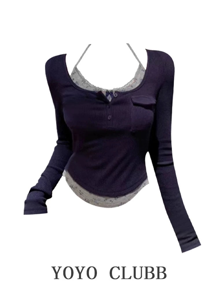YOYO CLUBB fake two-piece halter neck sweater autumn large size pure desire slim irregular long-sleeved T-shirt top