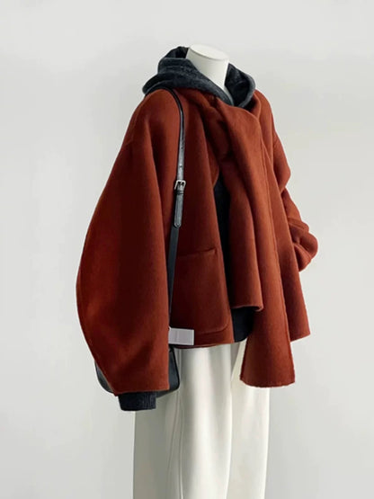 Plus size women's clothing 2025 winter new double-faced wool round neck temperament coat female design sense neck style coat trendy