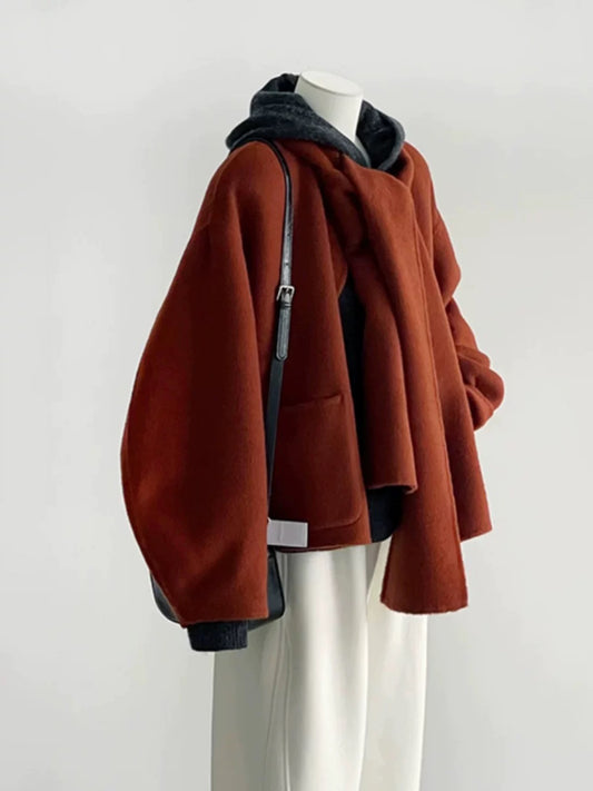 Plus size women's clothing 2025 winter new double-faced wool round neck temperament coat female design sense neck style coat trendy