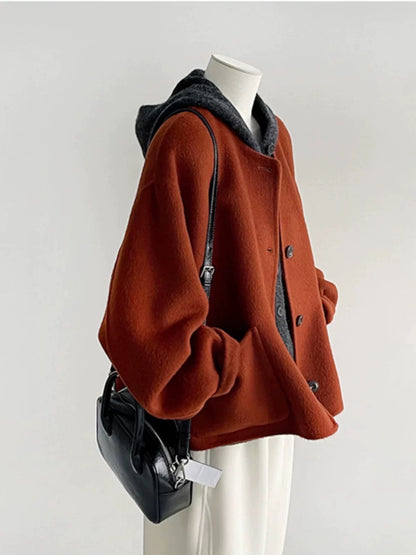 Plus size women's clothing 2025 winter new double-faced wool round neck temperament coat female design sense neck style coat trendy