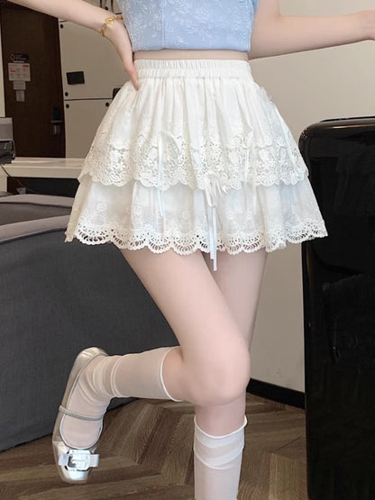 White short skirt for women ballet style fluffy lace edge cake skirt summer temperament high waist bow a-line skirt