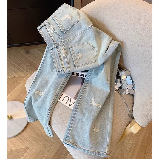 Korean light blue butterfly embroidered straight jeans for women summer design high waist straight loose slim wide leg pants
