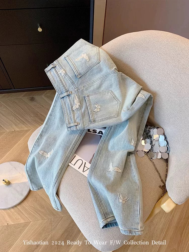 Korean light blue butterfly embroidered straight jeans for women summer design high waist straight loose slim wide leg pants