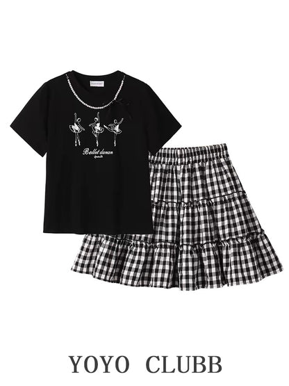 YOYO CLUBB large size right shoulder round neck short-sleeved T-shirt summer high-waisted A-line fluffy cake skirt college style suit