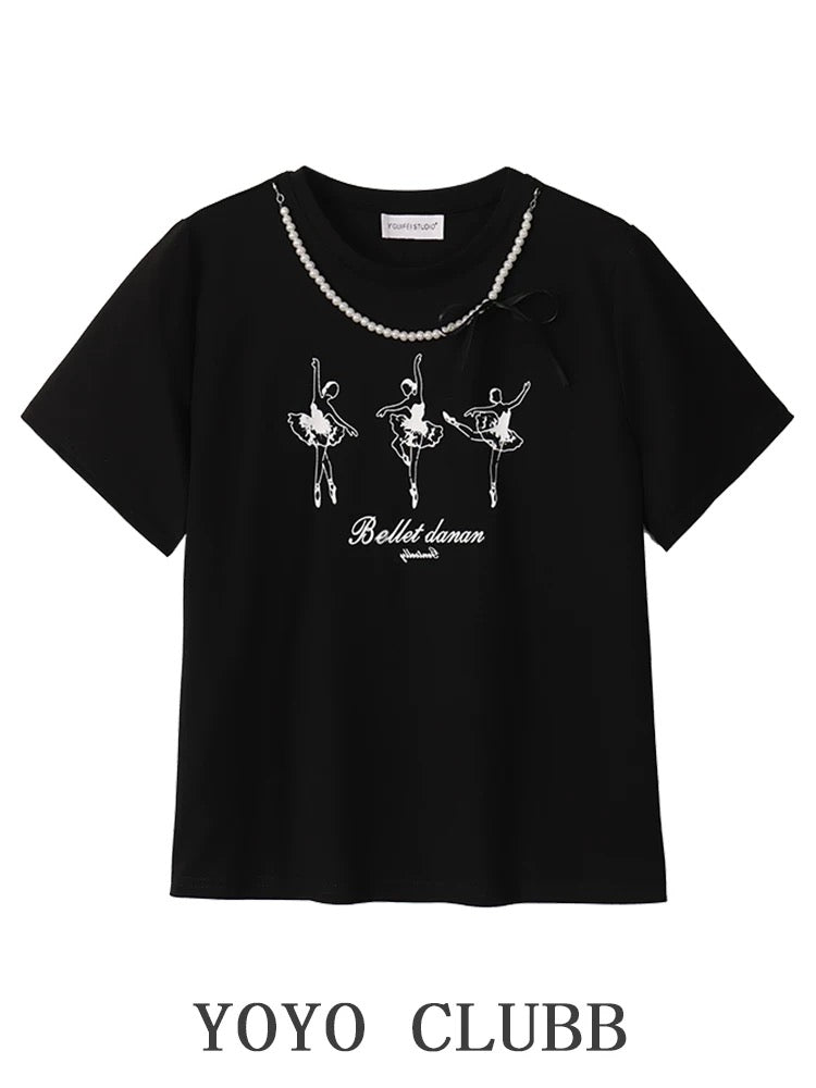 YOYO CLUBB large size right shoulder round neck short-sleeved T-shirt summer high-waisted A-line fluffy cake skirt college style suit