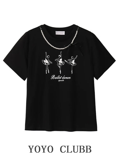 YOYO CLUBB large size right shoulder round neck short-sleeved T-shirt summer high-waisted A-line fluffy cake skirt college style suit