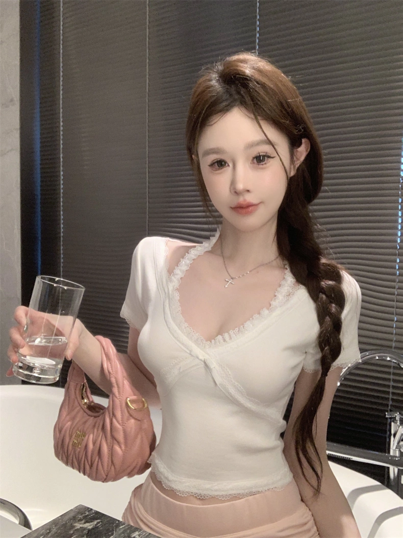 Lake blue lace halter neck top for women, summer pure desire hot girl, V-neck short-sleeved bottoming shirt, short bow tie T-shirt