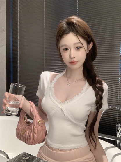Lake blue lace halter neck top for women, summer pure desire hot girl, V-neck short-sleeved bottoming shirt, short bow tie T-shirt