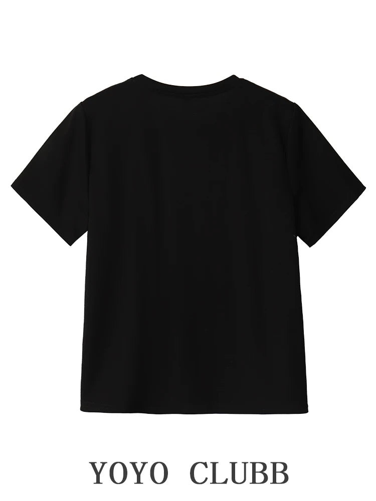 YOYO CLUBB large size right shoulder round neck short-sleeved T-shirt summer high-waisted A-line fluffy cake skirt college style suit